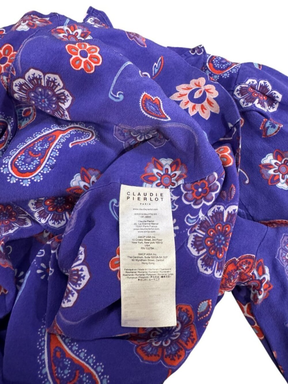 Claudie Pierlot Silk Floral Blouse Ruffle Neck Size 38 Blue Red Paisley - Picture 9 of 9